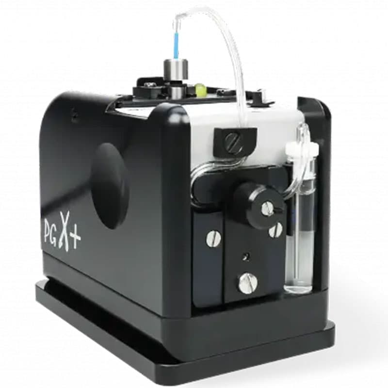 PGX+ contact angle meter with a black housing, clear tubing, and precision components for measuring surface tension and contact angles.