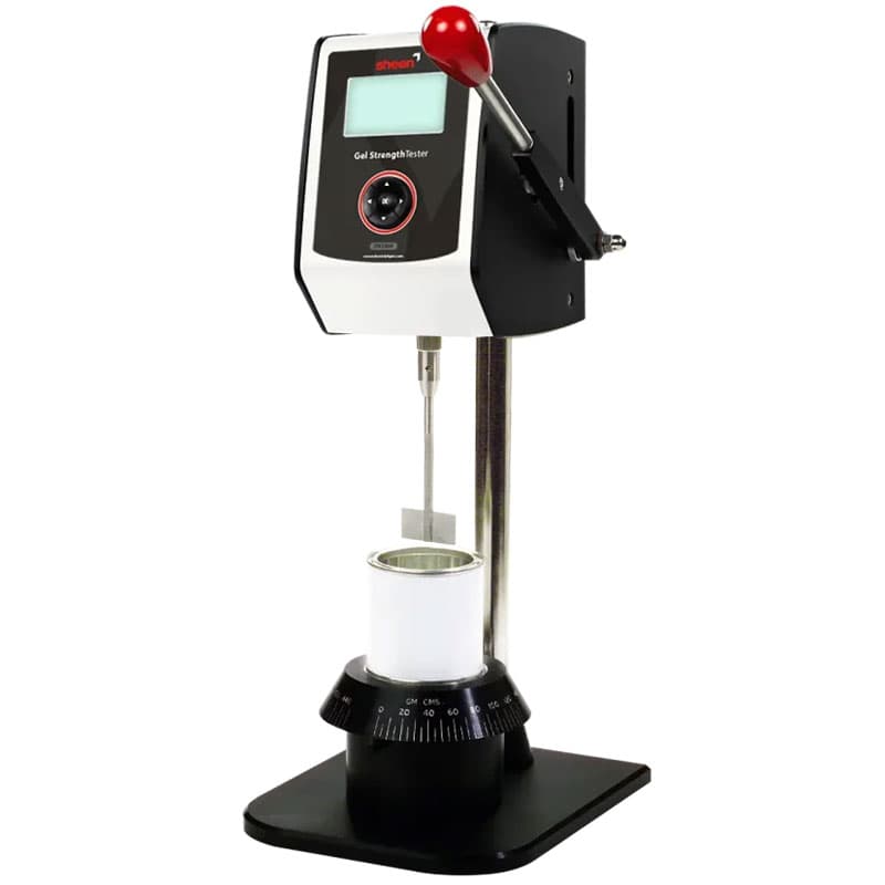 TQC Sheen Gel Strength Tester with digital display, red lever handle, measuring spindle, and cylindrical sample holder for assessing gel strength and consistency.