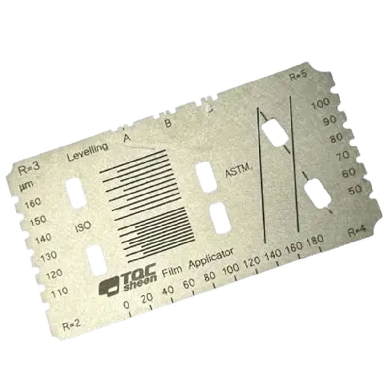 Single TQC Sheen metal template for paint testing with ISO and ASTM standards, leveling scales, and grooves for precision application.