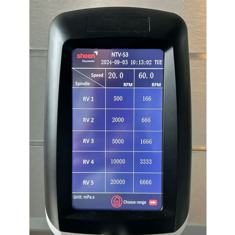 Digital viscometer settings screen displaying spindle options and corresponding RPM values for precise adjustments.