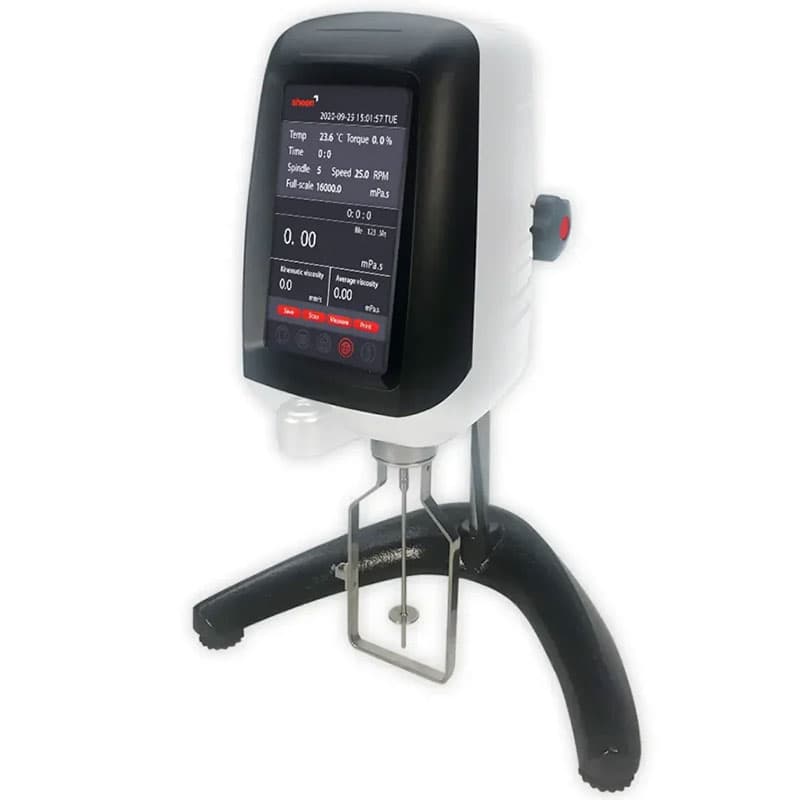 Digital viscometer with a touchscreen interface displaying operational settings, mounted on a black tripod stand with a spindle attachment.