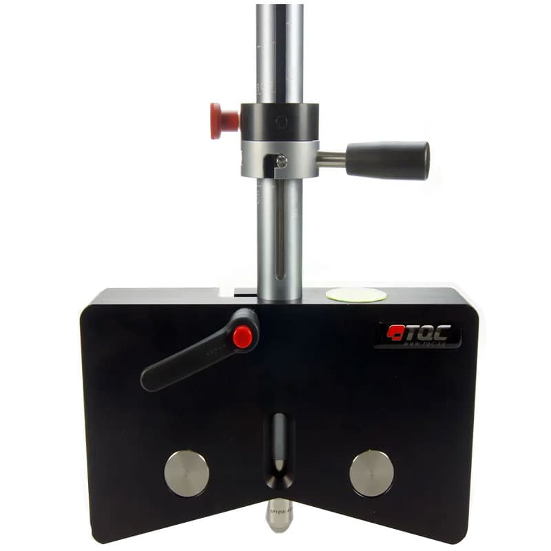 Front view of TQC Sheen adhesion tester for pull-off adhesion tests, featuring a black testing head, circular grips, and adjustable vertical rod.