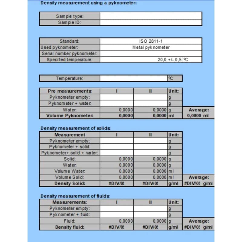 Density measurement data sheet for ISO 2811-1 pycnometer tests, with sections for pre-measurements, solid density, and fluid density calculations.
