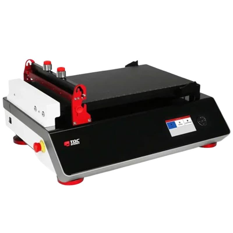 TQC Sheen automatic film applicator with a flat black platform and red adjustable rollers for precise film application.