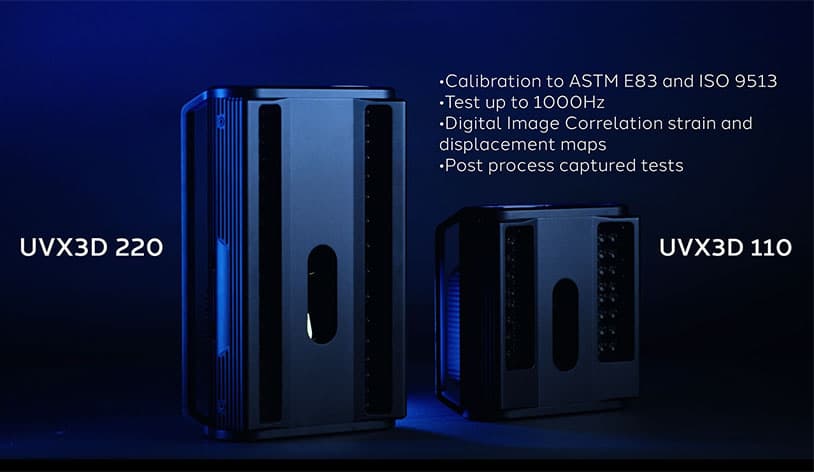 Two UVX3D devices, the larger UVX3D 220 and smaller UVX3D 110, shown with technical feature descriptions on a dark blue background.