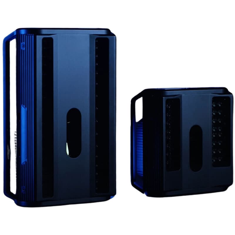 Close-up view of UVX3D 220 and UVX3D 110 devices with vertical design elements against a clean, neutral background.