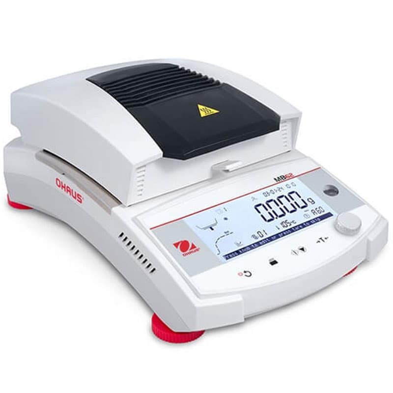 OHAUS MB62 moisture analyser featuring a white body, black heating unit, and digital display panel for precise moisture content analysis.