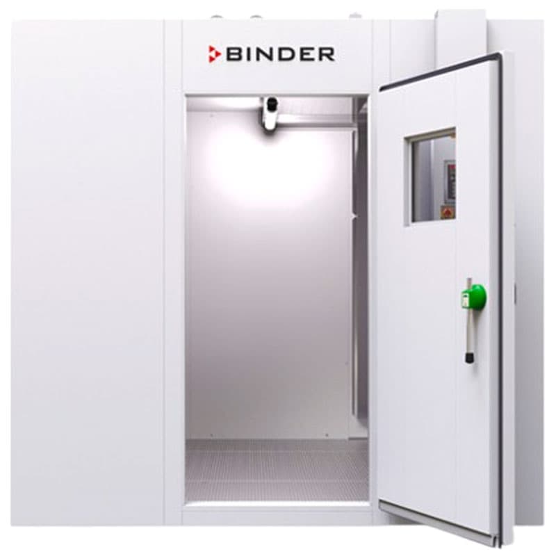 Open Binder stability chamber with a metallic interior and a glass window on the door.