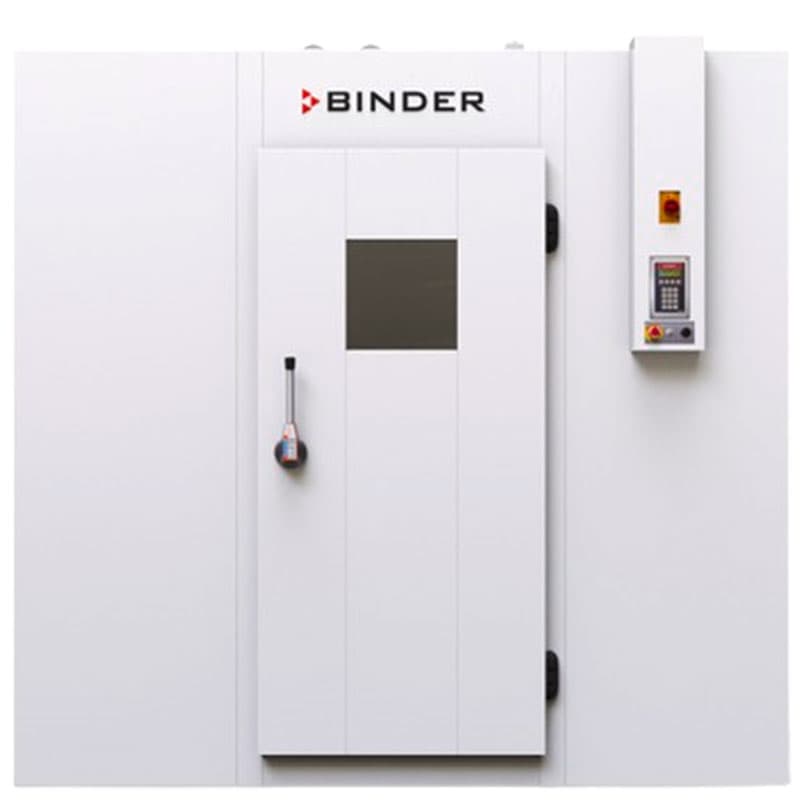 Closed Binder stability chamber with a sleek white design, black window, and side control panel.
