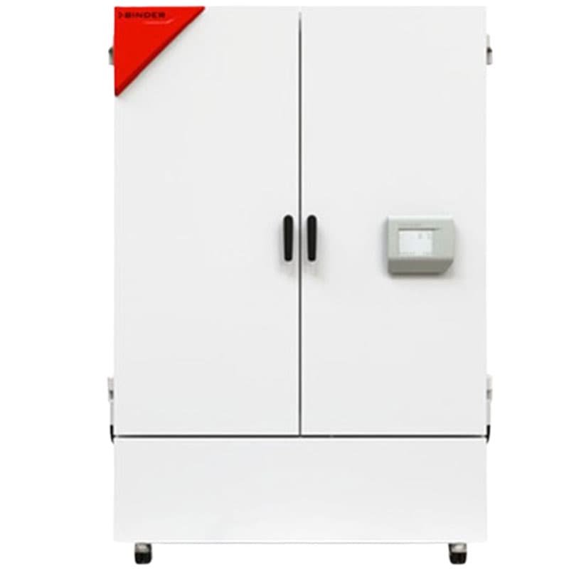 Double-door industrial testing chamber with red accent and mounted control box.
