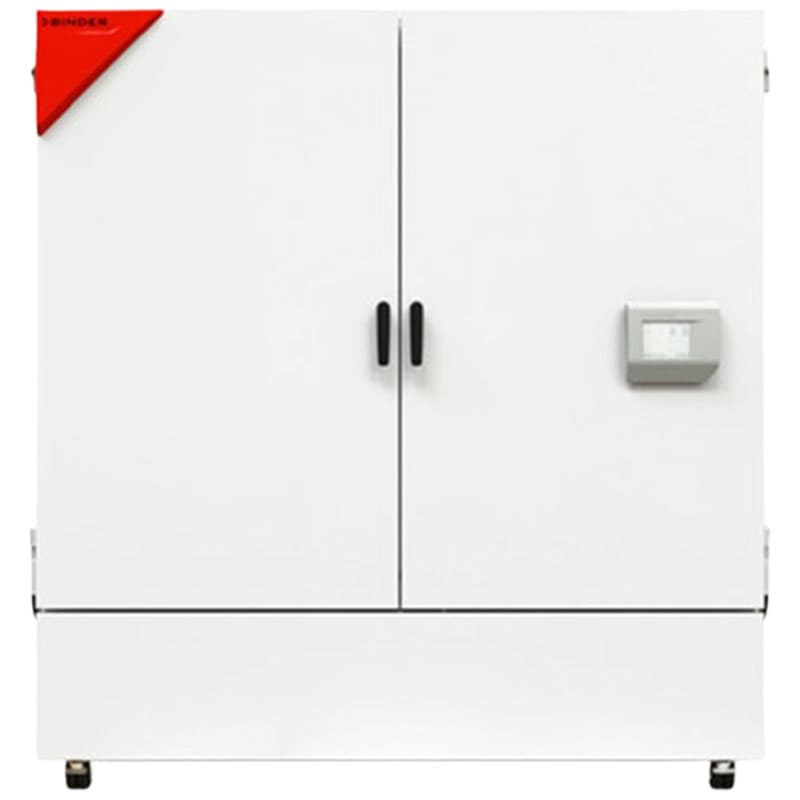 Wide double-door industrial testing chamber with a red accent and control box on the right door.