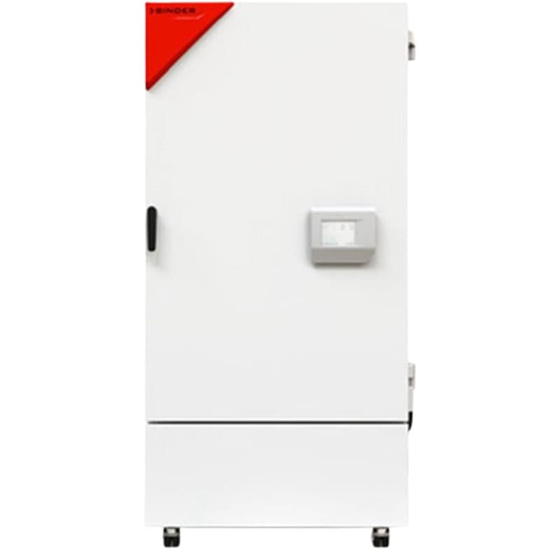 White industrial testing chamber with a single solid door, red accent, and mounted control box.