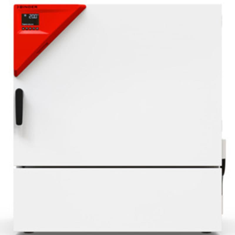 Front view of a closed BINDER climate chamber – A white laboratory chamber with a red triangular control panel, displaying a digital temperature readout and control buttons for precise climate management.