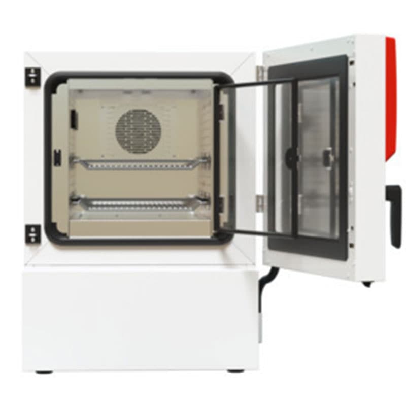 Open BINDER climate chamber showing interior – The chamber is open, revealing a stainless steel interior with adjustable shelves, a ventilation fan, and a transparent inner door for insulation and climate stability.