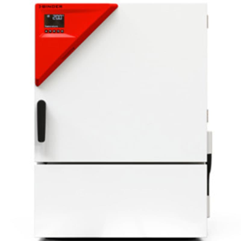 Front view of a Binder climate chamber – A white laboratory climate chamber with a red triangular control panel featuring a digital temperature display and control buttons for precise environmental testing.