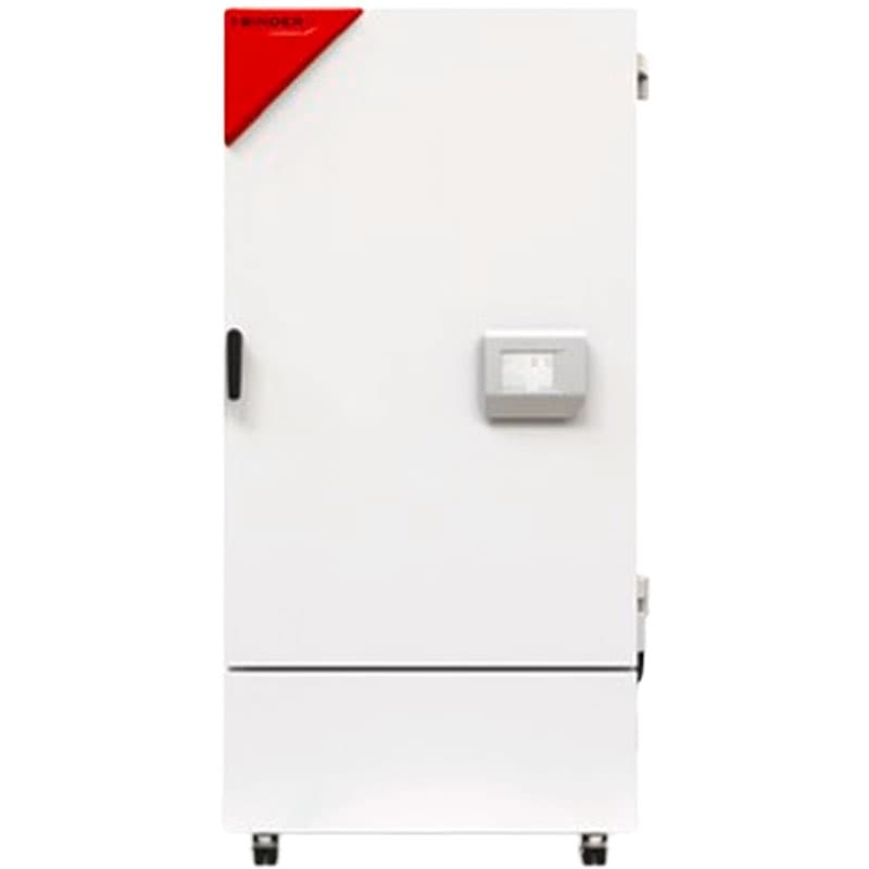 Tall single-door laboratory cabinet with a red triangular control panel, square display, black handle, and wheels.