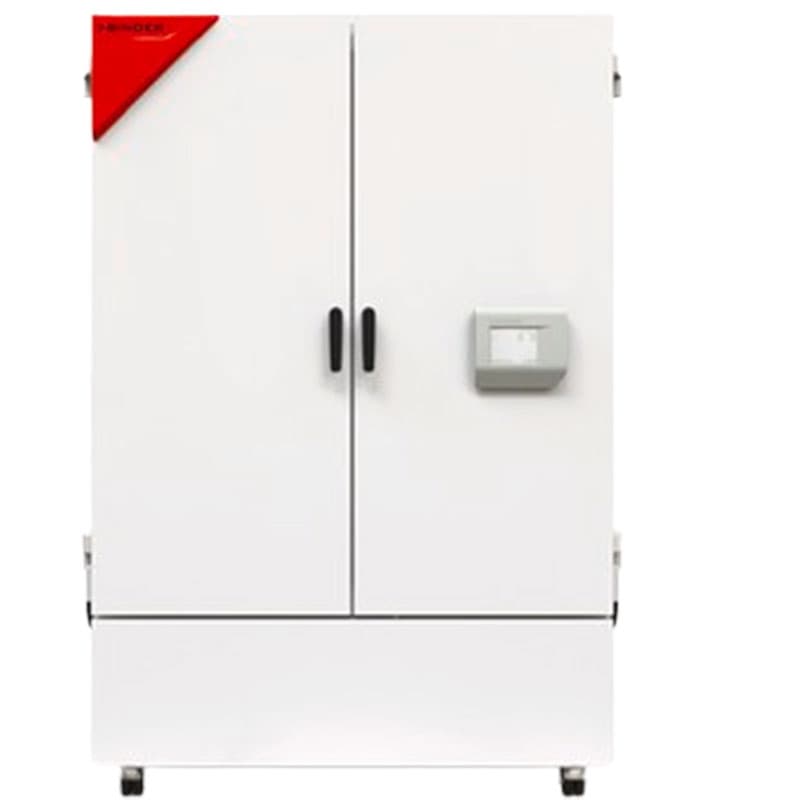 White double-door laboratory cabinet with a red triangular control panel in the corner and a square display on the right side, set on wheels.
