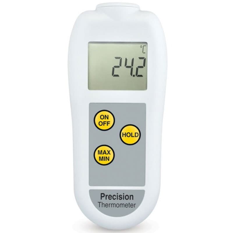A Precision Thermometer with a white body, digital LCD screen reading 24.2°C, and four yellow function buttons.