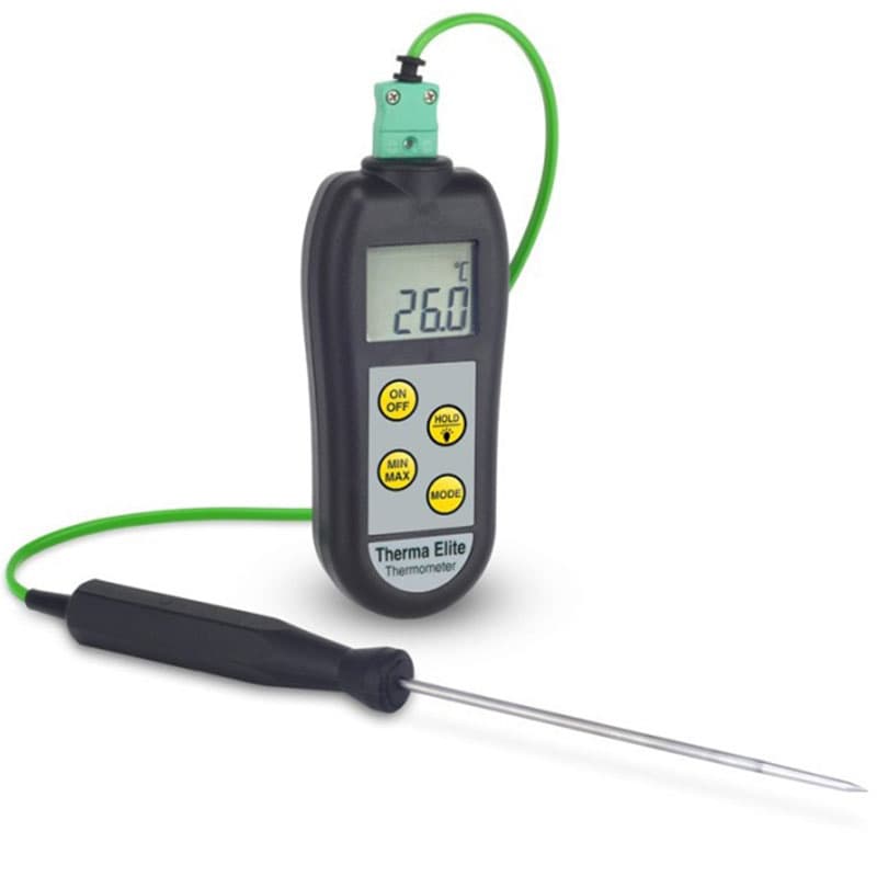 The Therma Elite Thermometer connected to a green thermocouple probe with a black handle, displaying a temperature reading of 26.0°C.