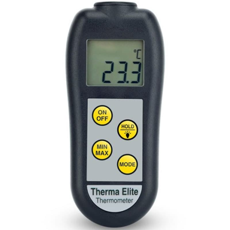 Close-up of the Therma Elite Thermometer with a digital display reading 23.3°C and four yellow function buttons.
