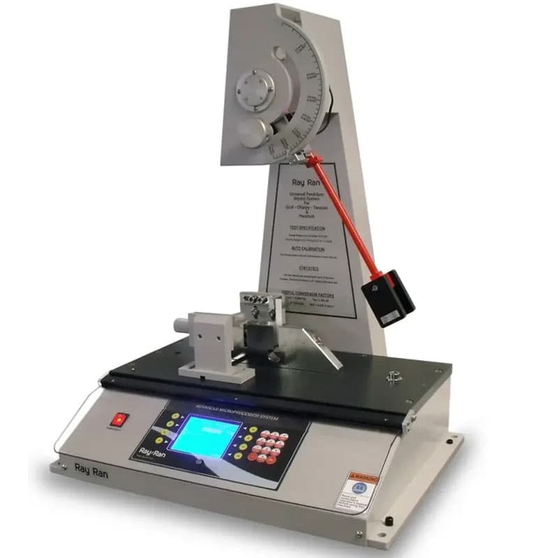 A Ray-Ran Universal Pendulum Impact Tester with a digital control panel, pendulum arm, and sample clamping system for material impact testing.