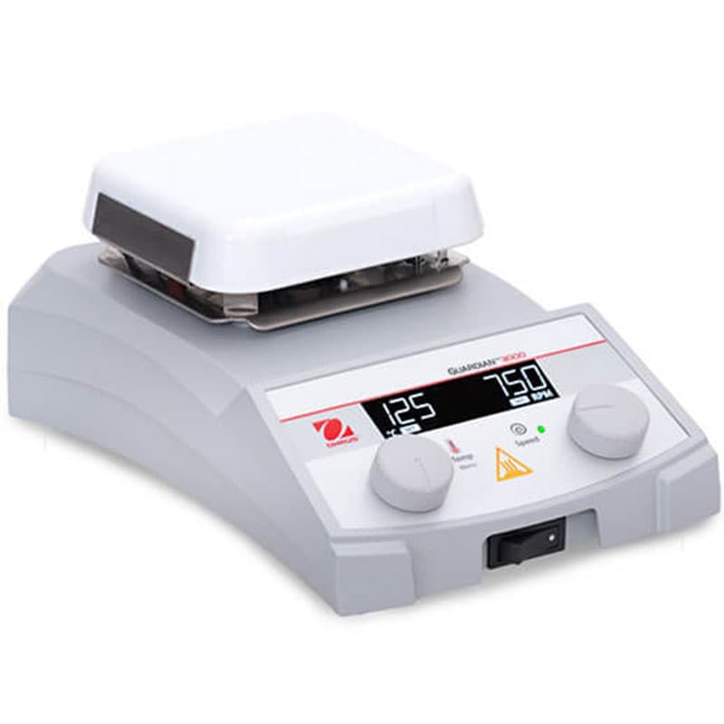 Side view of Guardian 3000 with square ceramic top set to 125°C and 750 RPM.