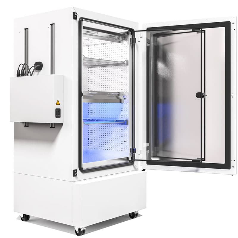 Side view of open BINDER KBF-PRO 470 chamber with visible interior lighting and shelves.