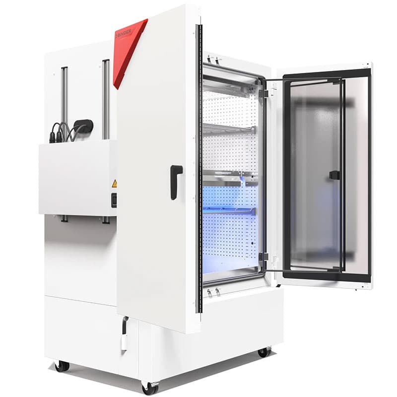 Side view of BINDER KBF-PRO 720 climate chamber with open doors and control unit.