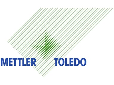 Mettler Toledo company logo – A white background logo with "METTLER" and "TOLEDO" in bold blue capital letters, accompanied by a green diagonal line pattern forming a cross in the background.