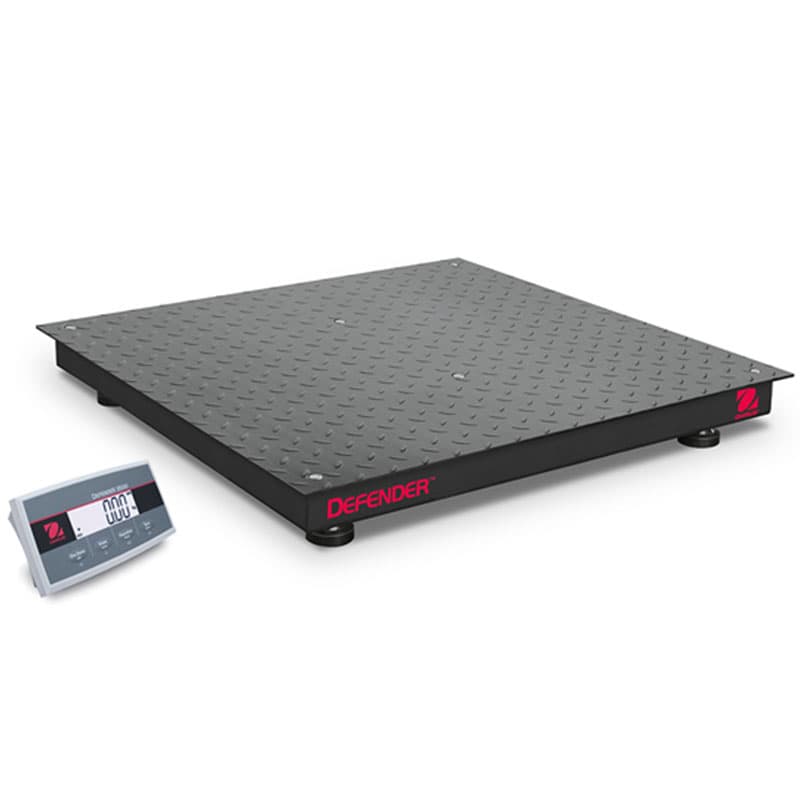 OHAUS Defender 2500 floor scale with small treaded platform and digital weight indicator.