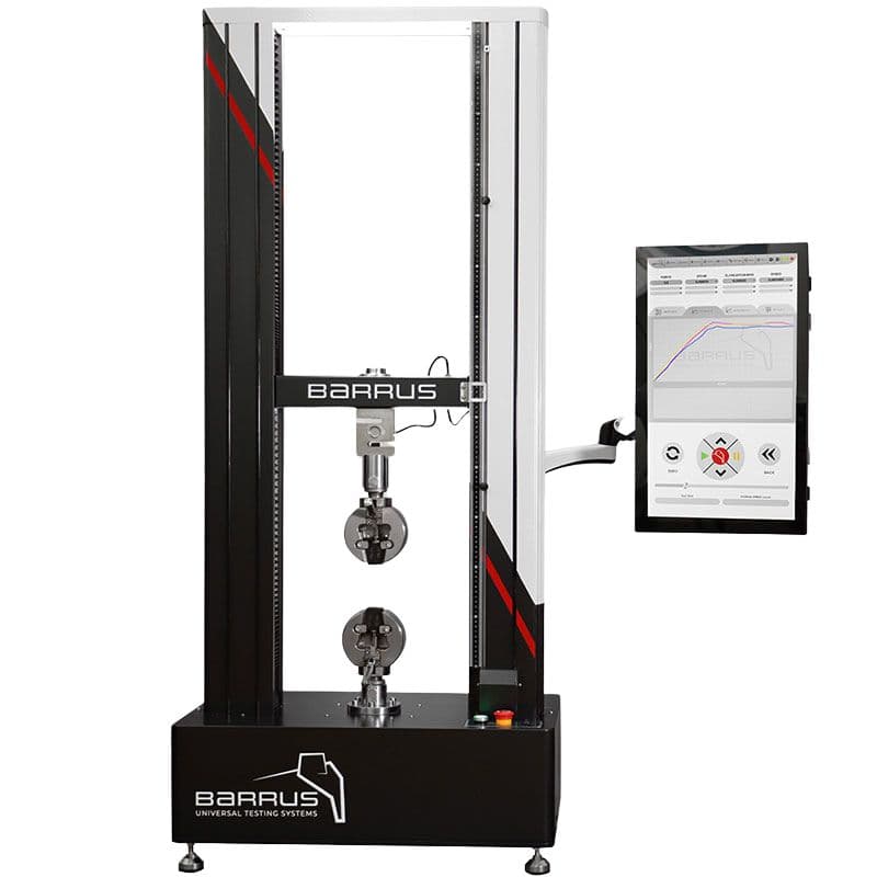 Barrus Red dual-column universal testing machine with touchscreen interface for tensile and compression material testing.