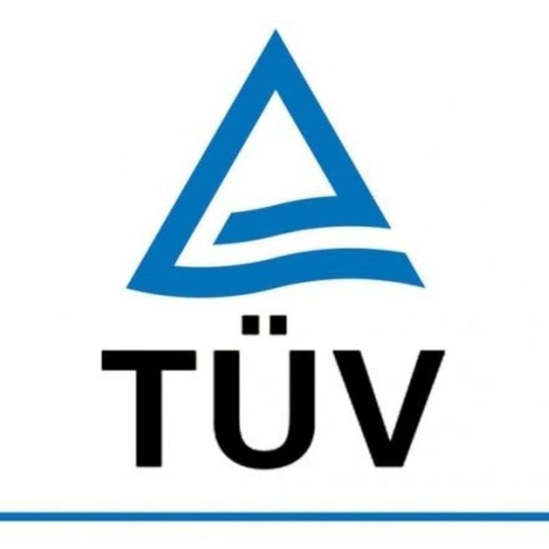 TÜV certification logo with blue triangular symbol above the text “TÜV.”