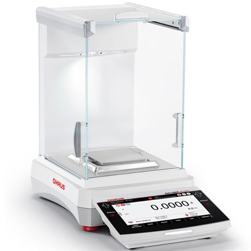 Angled view of the OHAUS Explorer Plus analytical balance with its glass draft shield partially open, stainless steel weighing pan and touchscreen displaying 0.0000 g.