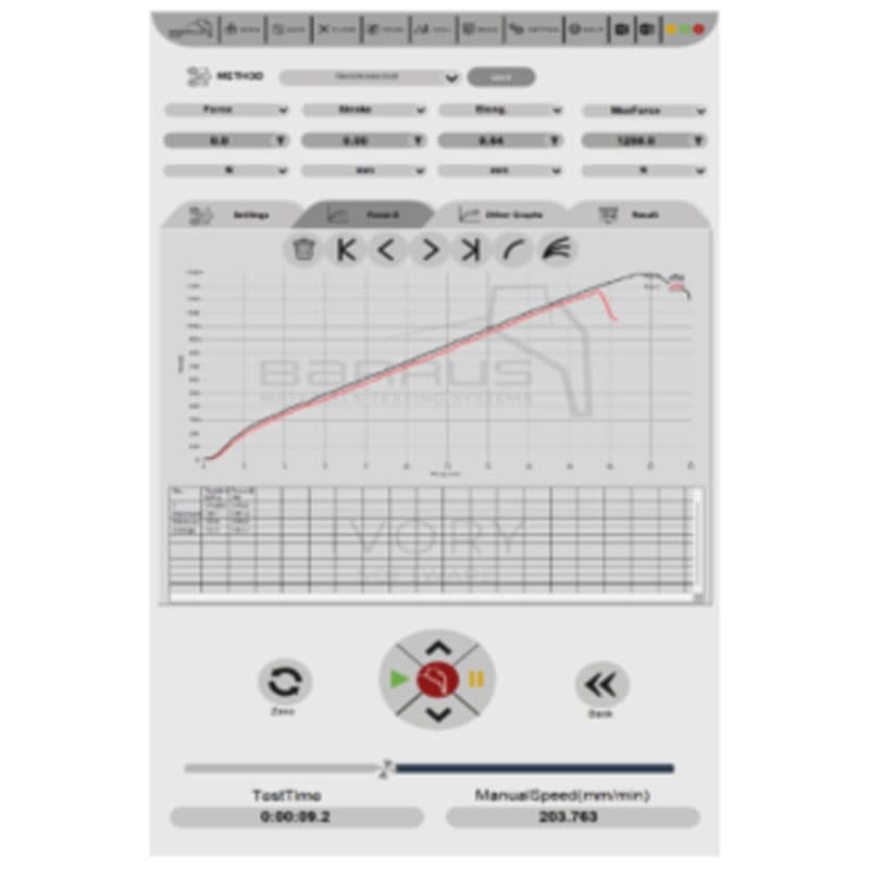 Barrus tensile tester software interface showing real-time force vs. displacement graph and control options.