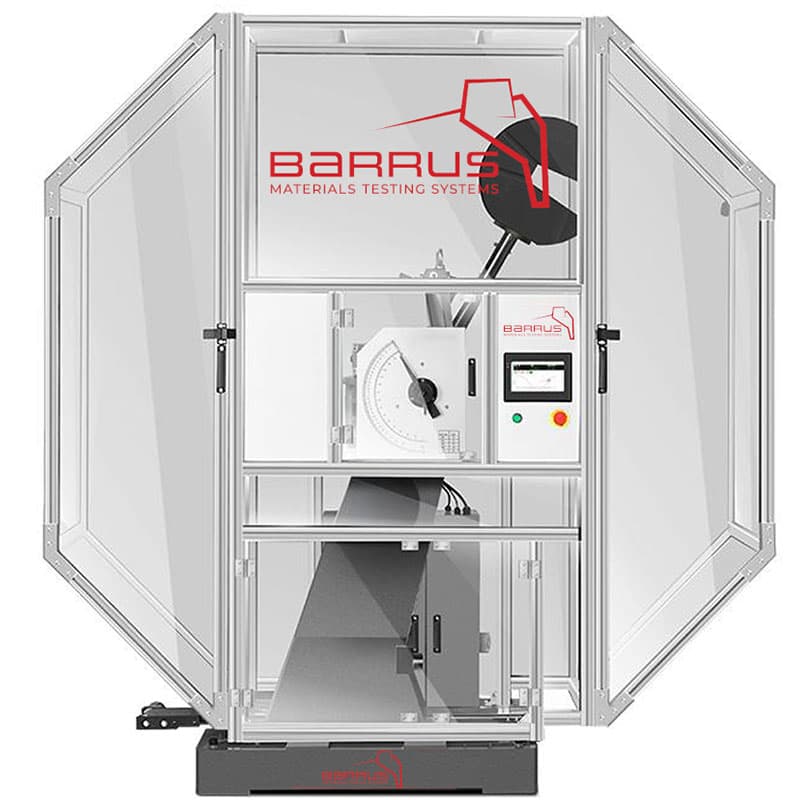 Barrus P450 pendulum impact tester with transparent safety enclosure, dial gauge, and touchscreen control panel.