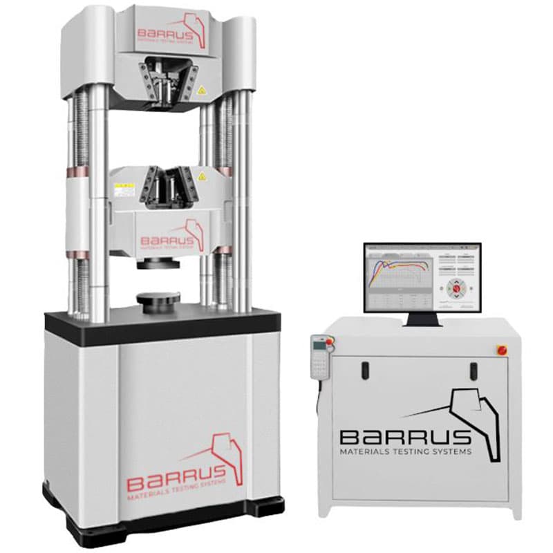 Barrus RH 1500 universal tensile testing machine with dual workspace frame and digital control console.