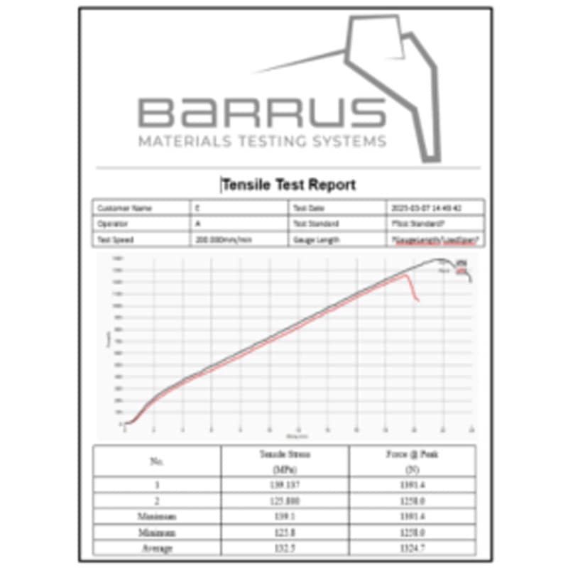 Tensile test report from Barrus showing stress-strain curve and test results summary table.