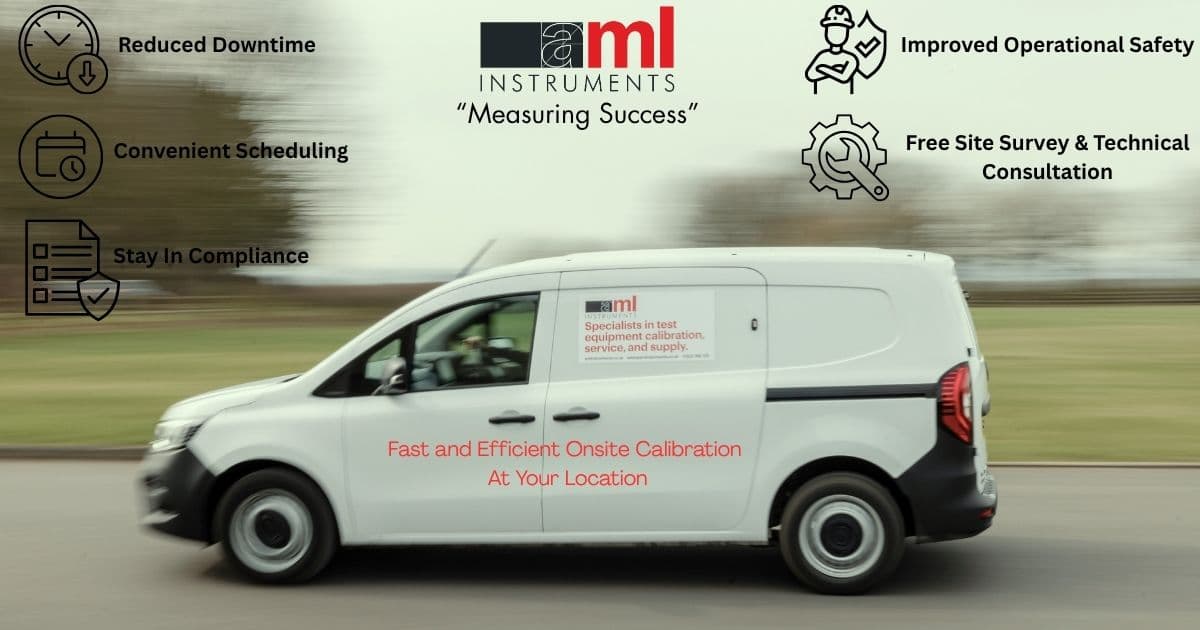 AML Instruments service van promoting fast onsite calibration with icons highlighting benefits like reduced downtime, compliance, and free technical consultation.
