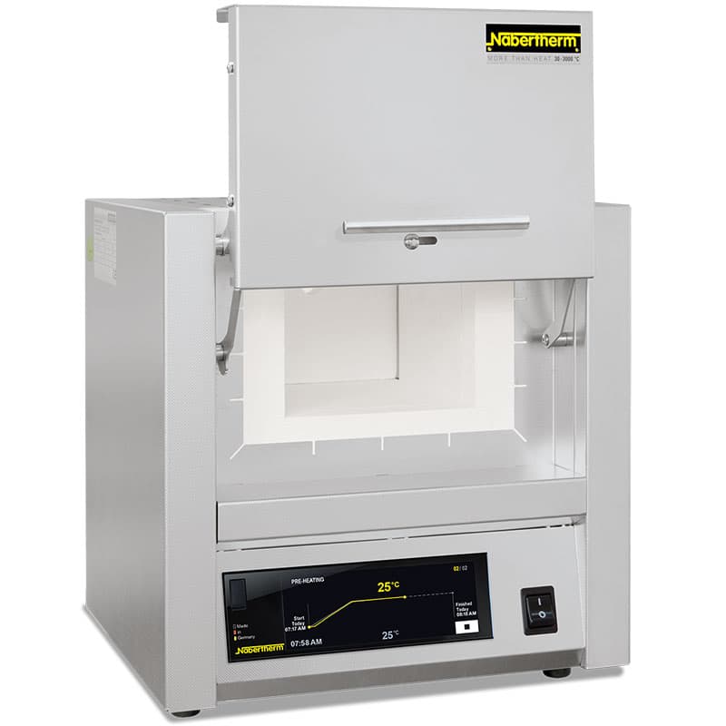 Laboratory muffle furnace with lift-up door open and digital touchscreen temperature control panel.