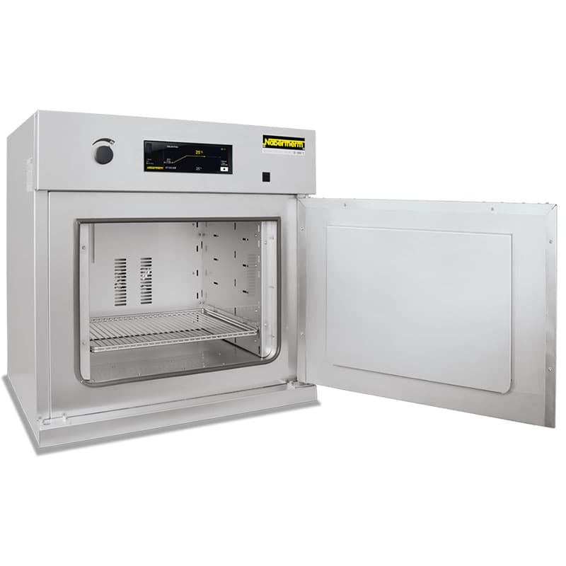 Compact laboratory oven with open door showing interior shelf and digital control panel.