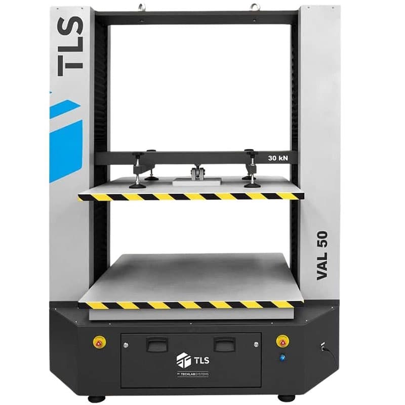 Front view of VAL-50 compression tester with 30 kN label and visible compression fixtures.