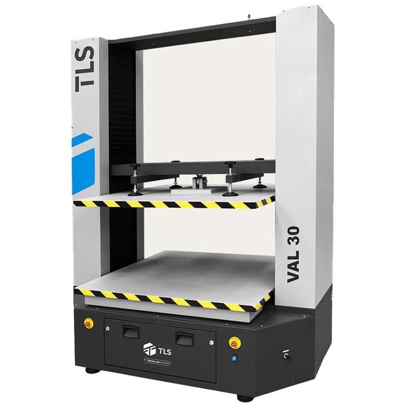 Side-angle view of the VAL-30 box compression tester, highlighting the robust frame and compression area.