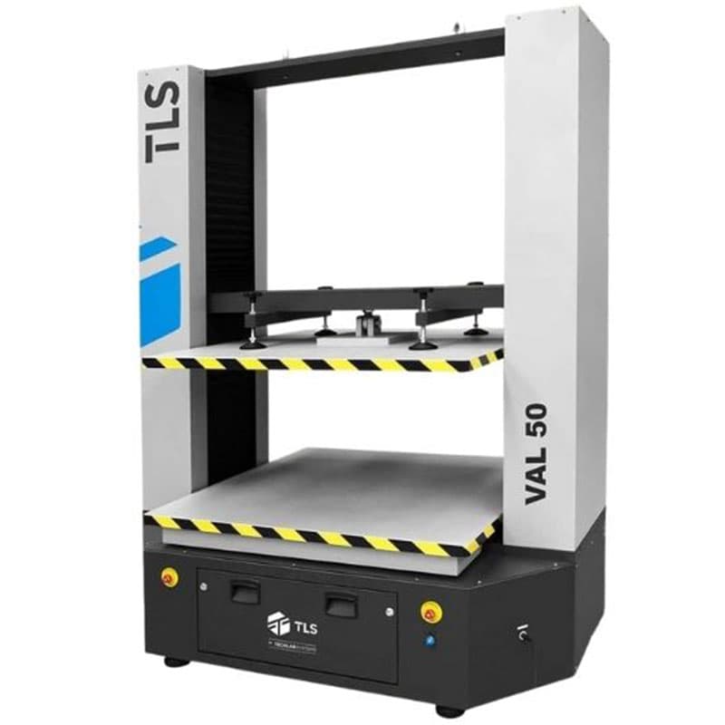 Side view of VAL-50 box compression tester featuring sturdy build and dual platforms.