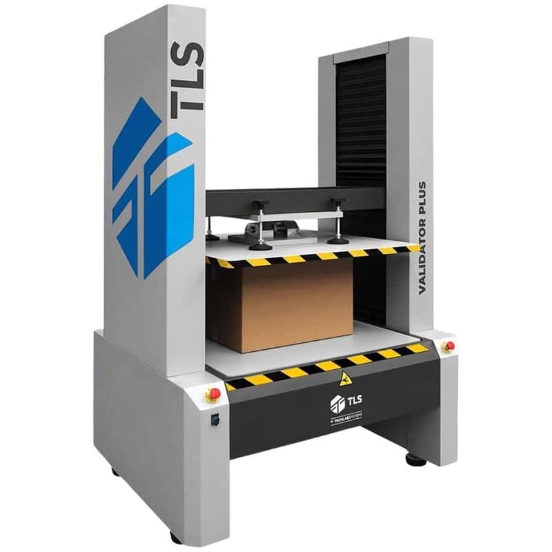 Side view of Validator Plus Box Compression Tester used to measure compression strength of corrugated packaging boxes.