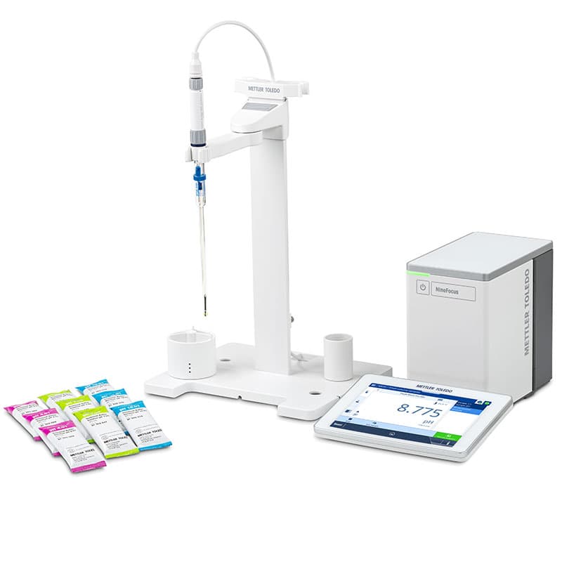 Laboratory pH meter system with probe, touchscreen display, control unit, and calibration buffer sachets.