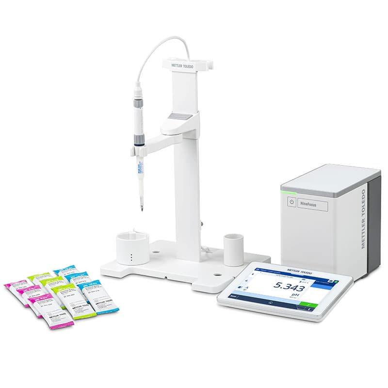 Mettler Toledo NineFocus NF2000 solids pH meter kit with penetration pH electrode, electrode stand, touchscreen display, control unit, and pH calibration buffer sachets for semi-solid sample testing.