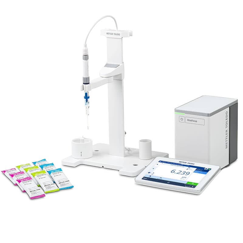 Mettler Toledo NineFocus NF2000 ultra low volume pH meter kit with micro pH electrode, electrode stand, touchscreen display, control unit, and pH buffer sachets for small sample laboratory testing.