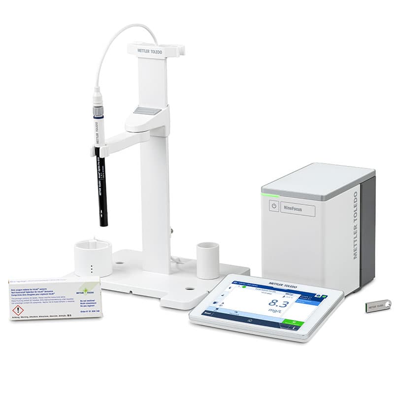 NineFocus NF4000 dissolved oxygen meter kit with DO probe, electrode stand, touchscreen display, and control module.