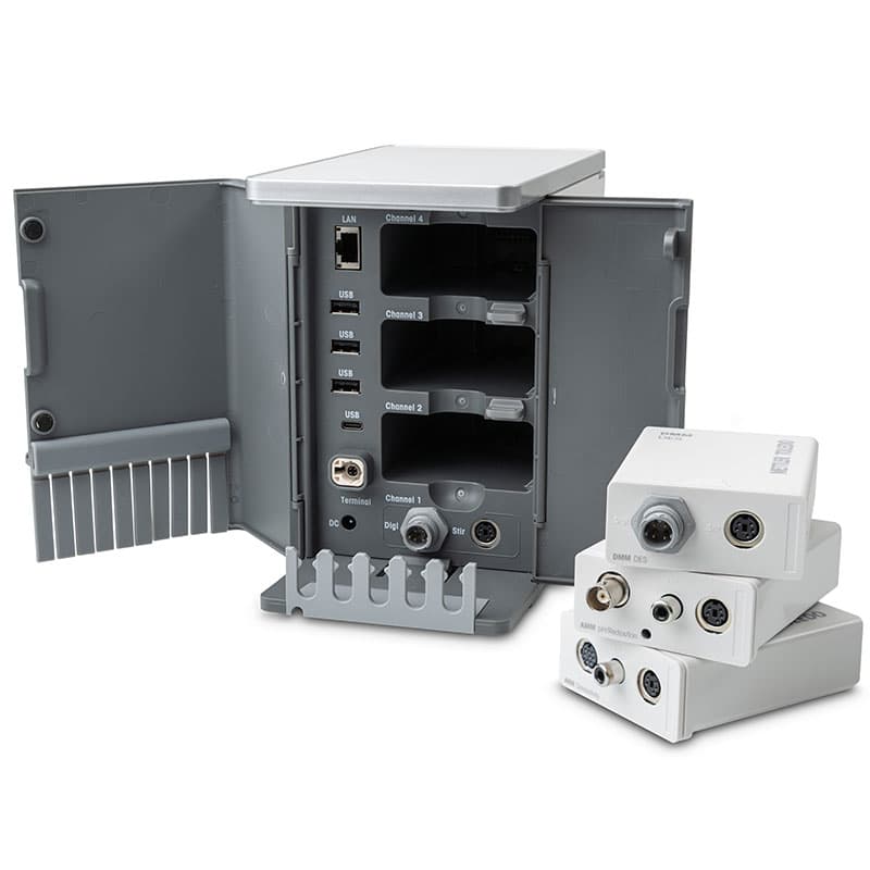 METTLER TOLEDO NineFocus unit with doors open showing LAN, USB ports, four channel bays, and terminal connections.