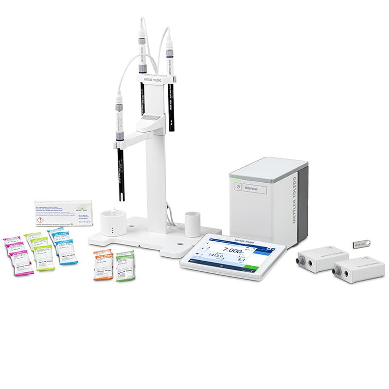 NineFocus NF2340 pH, conductivity, and dissolved oxygen meter kit with probes, touchscreen display, and calibration buffers.